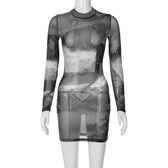 Long sleeve sheer mesh see through contrast polka dot mini dress 8