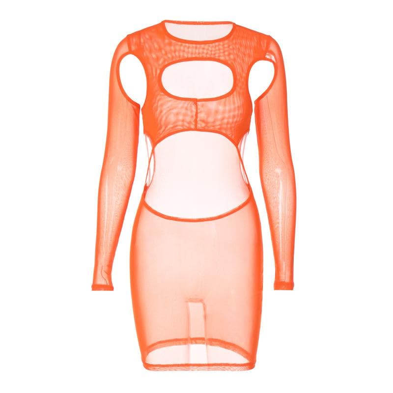 Long sleeve hollow out sheer mesh see through mini dress 3