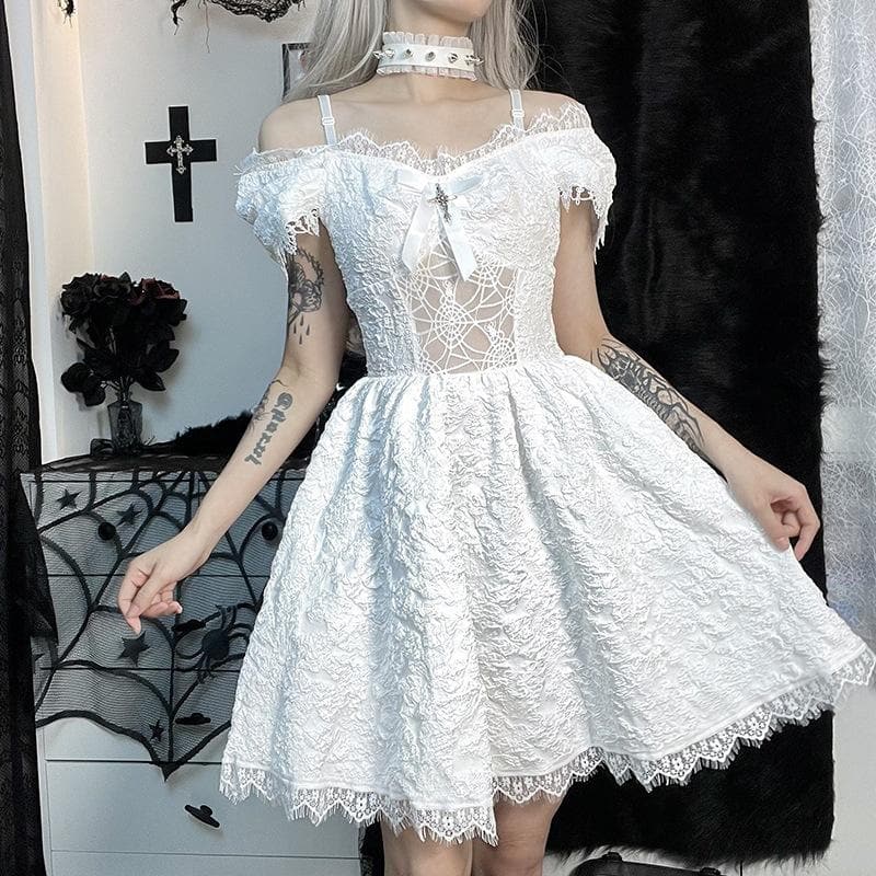Floral Lace Off Shoulder Short Sleeve Bow Front Fit and Flare Mini Dress 2