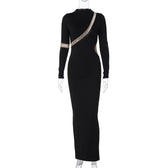 Contrast irregular mesh patchwork long sleeve slit maxi dress 2