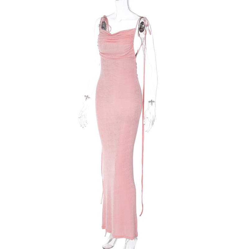 Ruched solid lace up backless cowl neck maxi dress 5