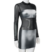 Body print mesh patchwork long sleeve contrast mini dress 3