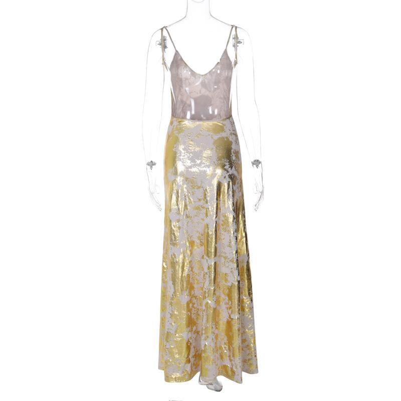 Metallic Foil Print V-Neck Spaghetti Strap Cami Maxi Dress 7