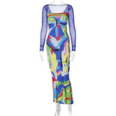Long sleeve contrast abstract mesh midi dress 3