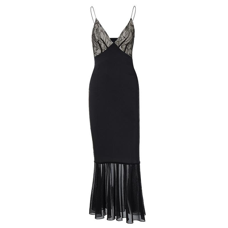Lace Cup Deep V-Neck Spaghetti Strap Sheer Mesh Flounce Hem Midi Dress