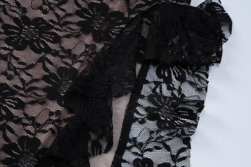 Lace ruffle slit backless ribbon contrast tube midi dress 5