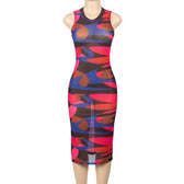 Sleeveless sheer mesh see through contrast print midi dress 2