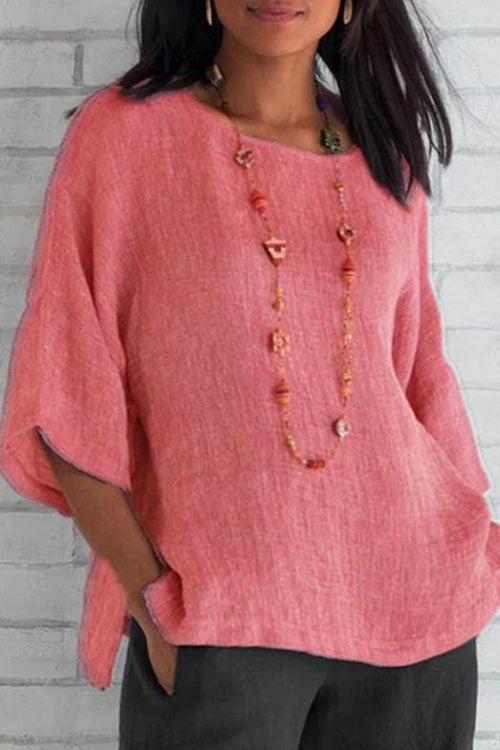 Linen Half Sleeve O Neck Loose Blouse