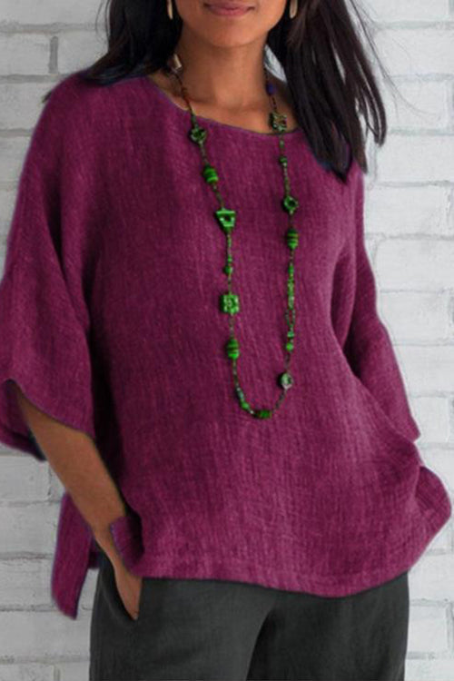 Linen Half Sleeve O Neck Loose Blouse
