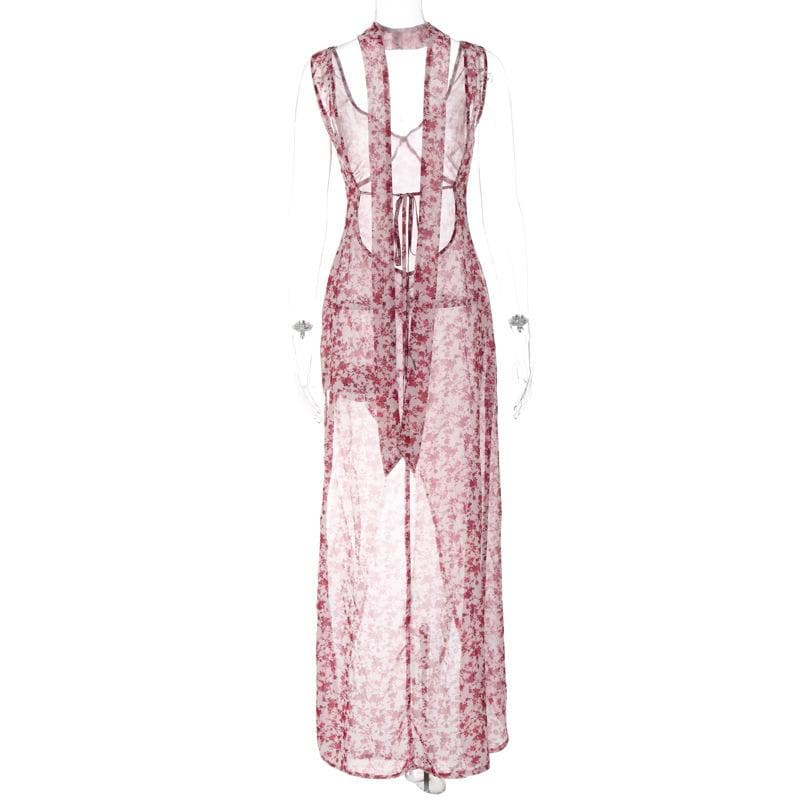 Chiffon flower print contrast backless v neck sleeveless maxi dress 4