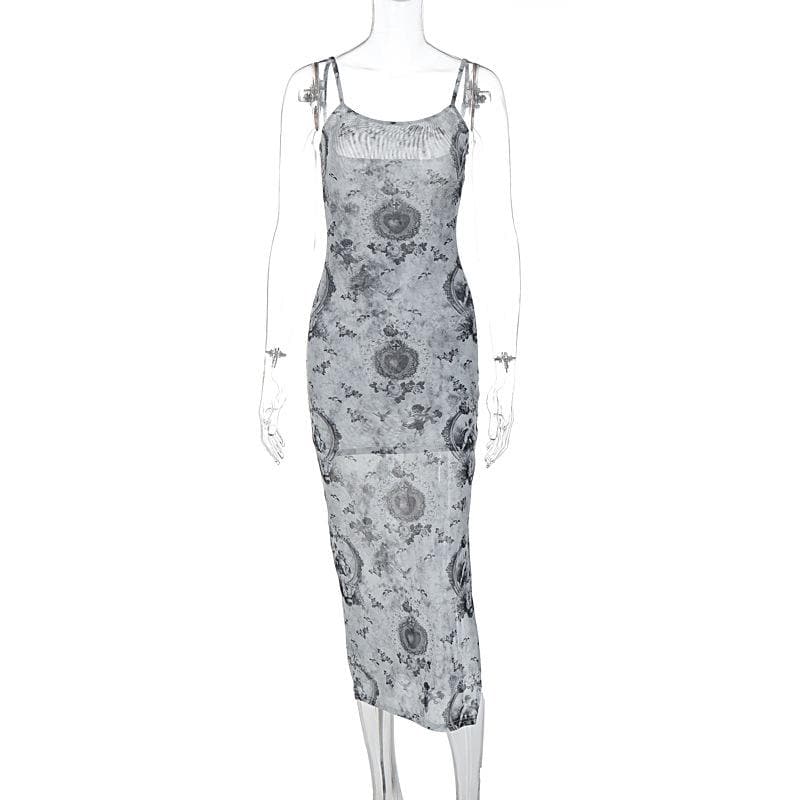 Slit contrast print sheer mesh see through u neck cami midi dress 8