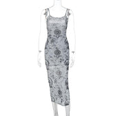 Slit contrast print sheer mesh see through u neck cami midi dress 8