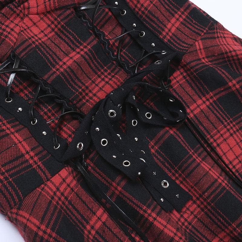 Zip-up lace hem lace up plaid backless mini dress 5