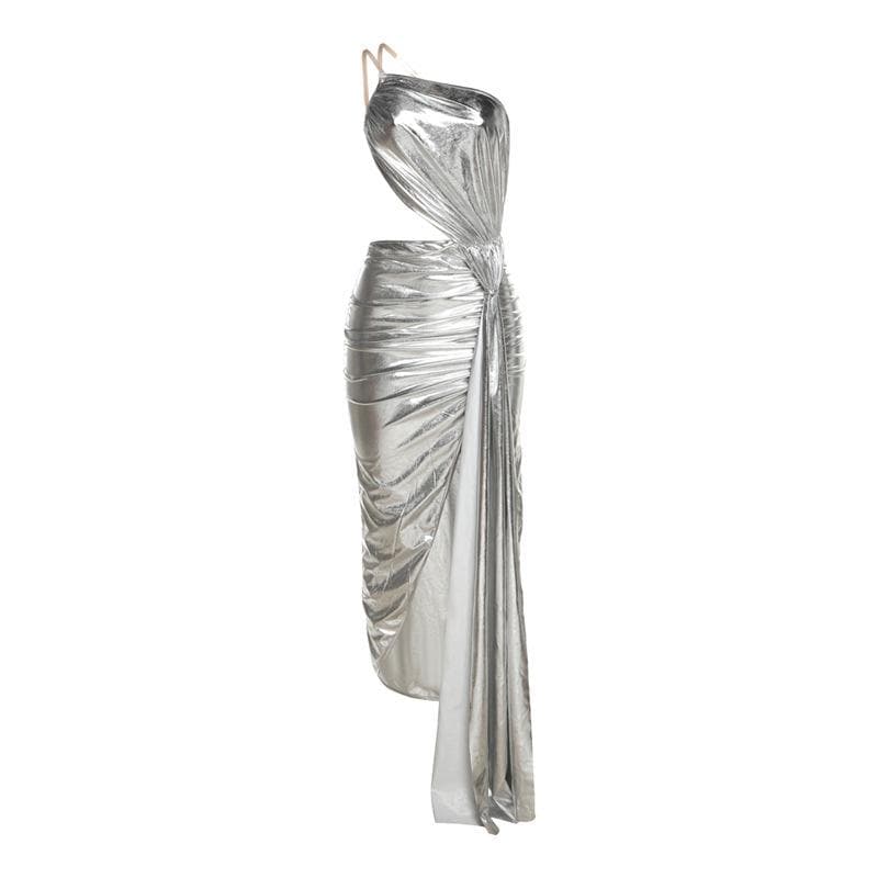 Metallic One Shoulder Cut Out Ruched Draped High Split Maxi Dress