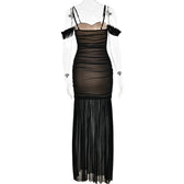 Mesh off shoulder ruched patchwork backless maxi dress 5