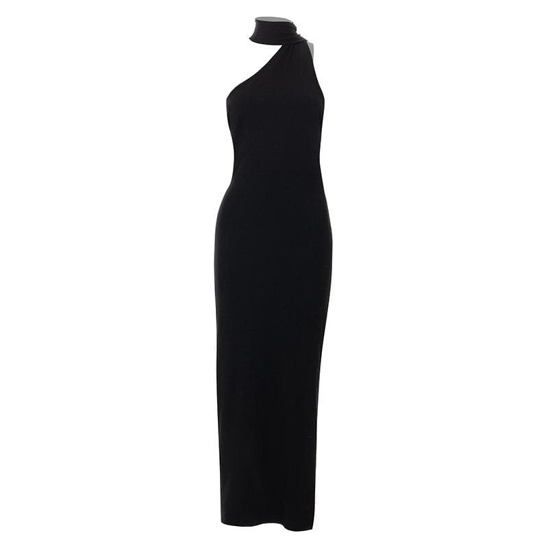 One Shoulder Halter Neck Scarf Sleeveless Side Split Bodycon Maxi Dress