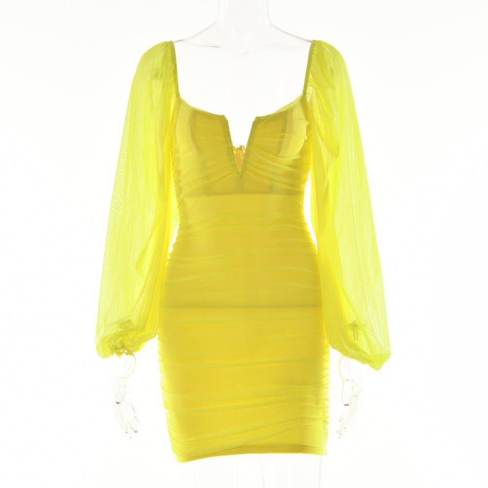 Mesh solid long sleeve ruched notch neck zip-up mini dress 10