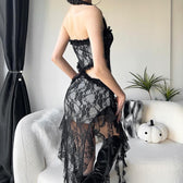 Lace ruffle solid slit hollow out backless tube midi dress 4
