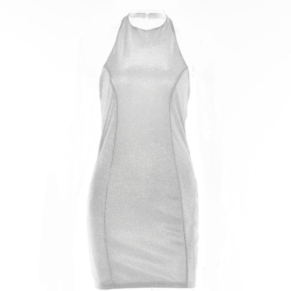 Halter off shoulder backless zip-up solid mini dress