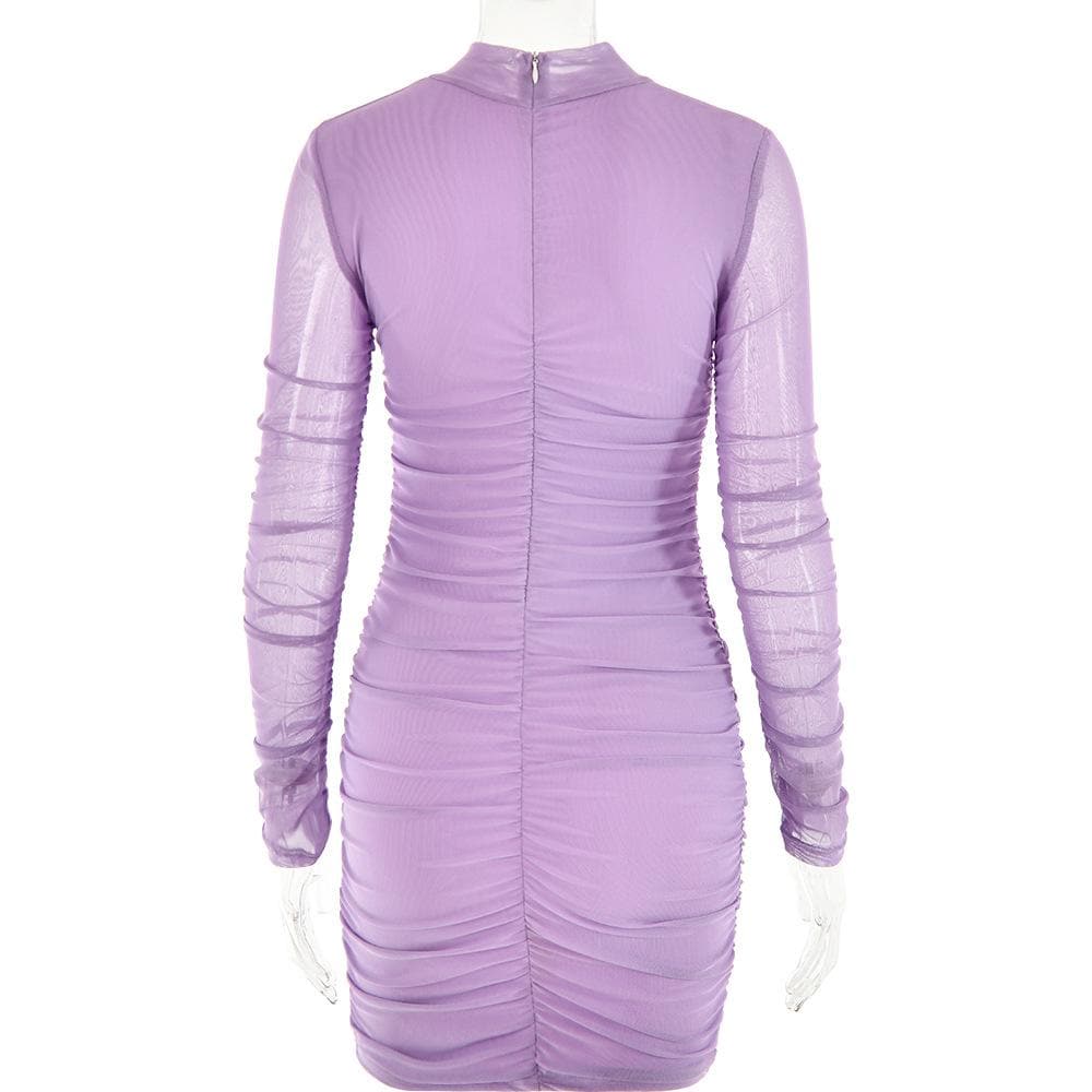 Mesh ruched zip-up long sleeve solid high neck mini dress 4