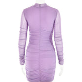 Mesh ruched zip-up long sleeve solid high neck mini dress 4
