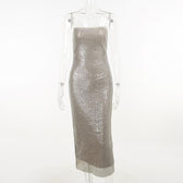 Glitter spaghetti strap zip-up slit backless midi dress 2