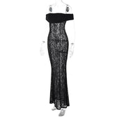 Lace off shoulder see through solid ruched maxi dress 3