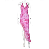 Tie dye ruffle halter mesh backless self tie irregular maxi dress 9