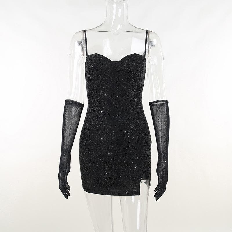 Glitter Sweetheart Neck Cami Slit Bodycon Mini Dress with Mesh Gloves 2
