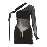 Ruffle contrast buckle one shoulder irregular ruched mesh mini dress 2