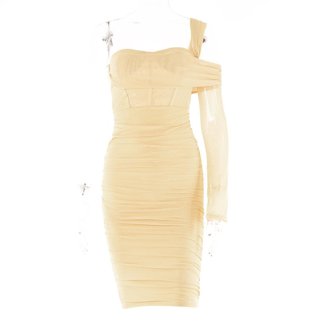 One Shoulder Single Sleeve Ruched Sheer Mesh Corset Bodycon Midi Dress