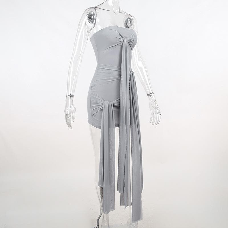 Strapless Mesh Ruched Knot Front Draped Tie Bodycon Mini Dress 7