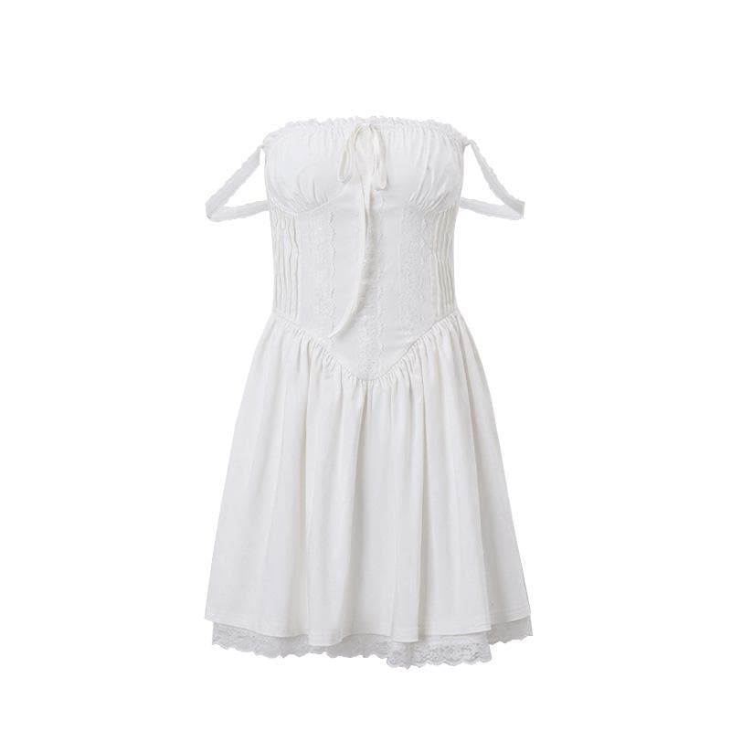 Lace hem lace up ruched backless square neck mini dress 2