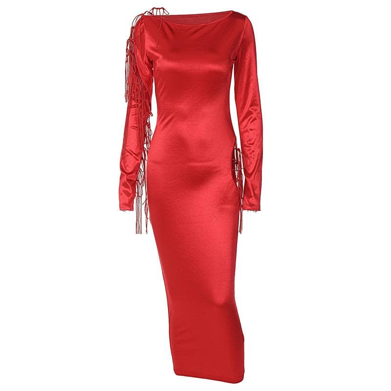Satin Long Sleeve Fringe Tie Side Cut Out Bodycon Midi Dress