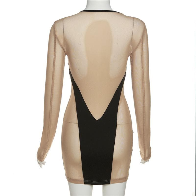 Long sleeve round neck contrast mesh patchwork mini dress 4