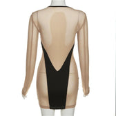 Long sleeve round neck contrast mesh patchwork mini dress 4