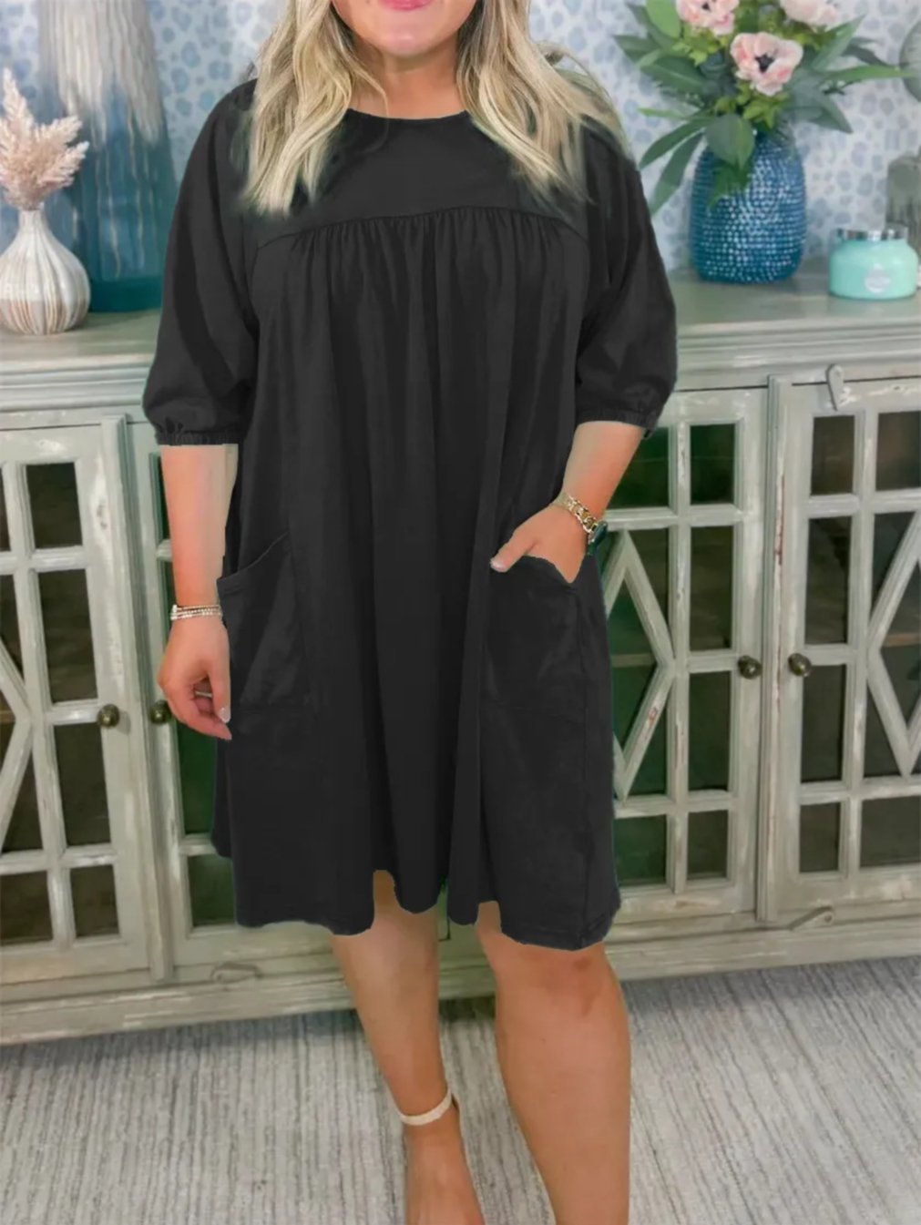 Round Neck Puff Sleeve Pocket Babydoll Mini Dress 7