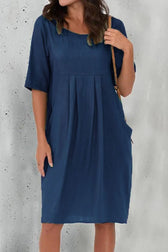Scoop Neck Short Sleeve Pocket Linen Midi Dress 5