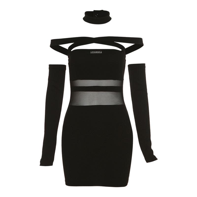 Off Shoulder Cross Strap Mesh Panel Bodycon Mini Dress with Arm Sleeves and Choker