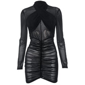 Ruched long sleeve cross front sheer mesh see through mini dress 2