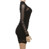 Mesh off shoulder long sleeve irregular ruched mini dress 3