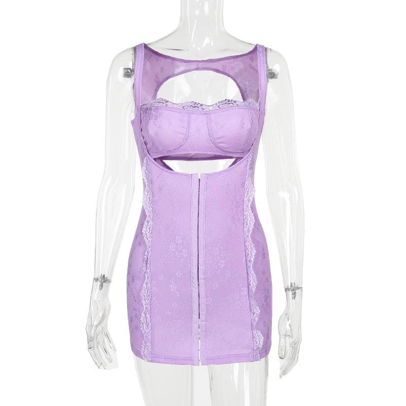 Square neck lace backless hollow out button solid cami mini dress 3