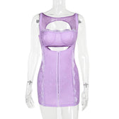 Square neck lace backless hollow out button solid cami mini dress 3