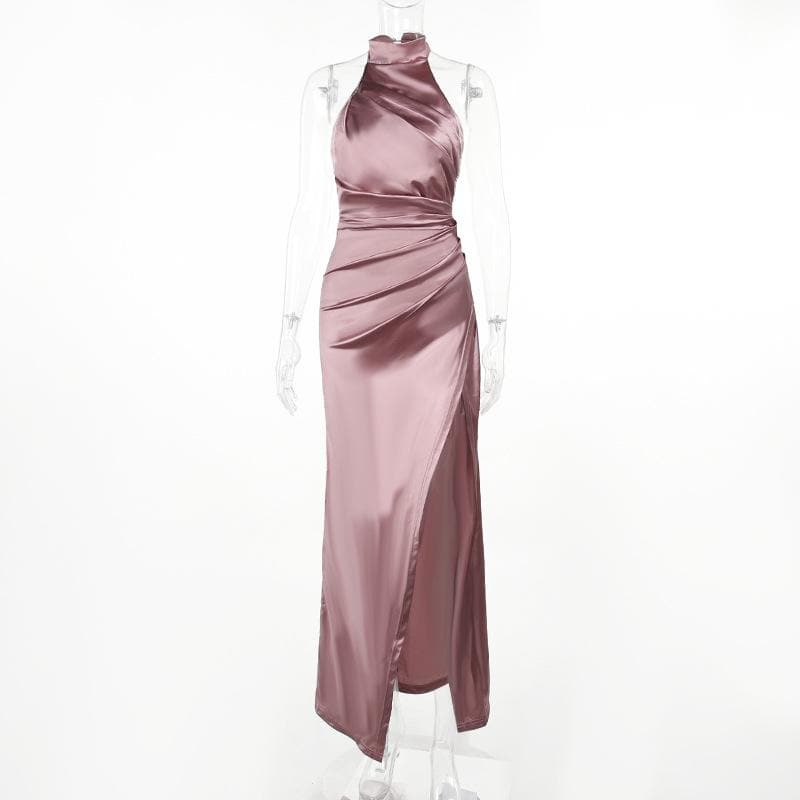 Ruched solid satin zip-up halter backless slit maxi dress 2