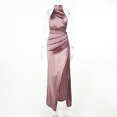 Ruched solid satin zip-up halter backless slit maxi dress 2
