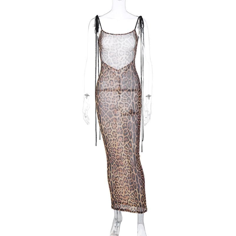 Sheer Mesh Tie Shoulder Spaghetti Strap Bodycon Maxi Dress 14