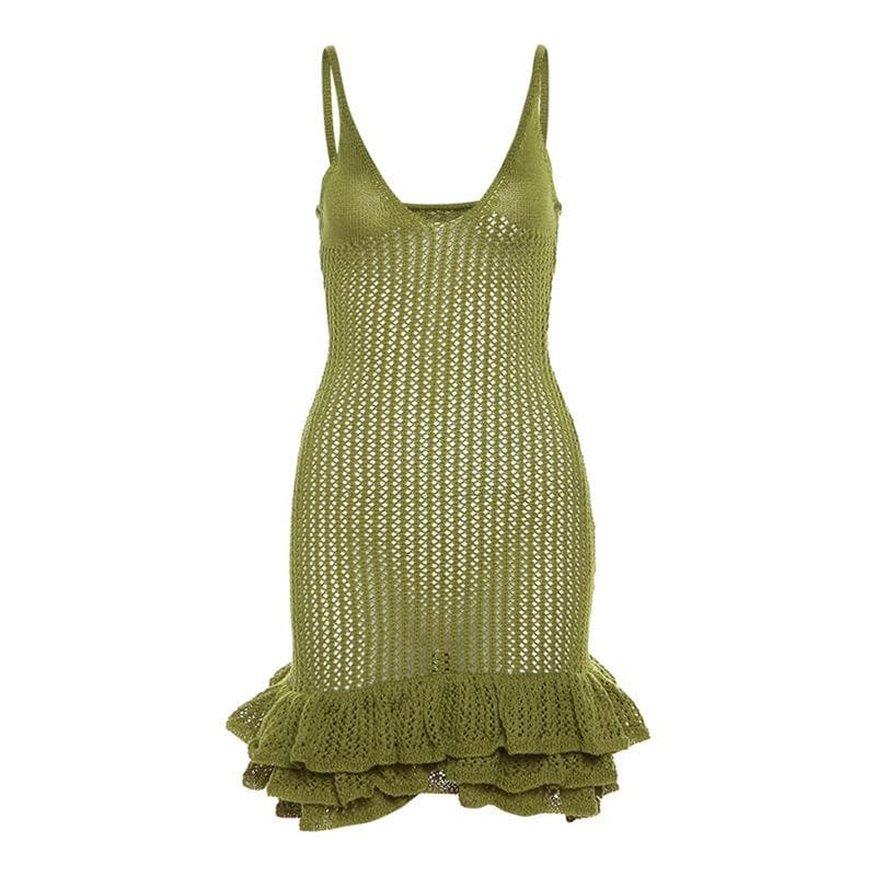 Crochet v neck sleeveless hollow out ruffle mini dress 2