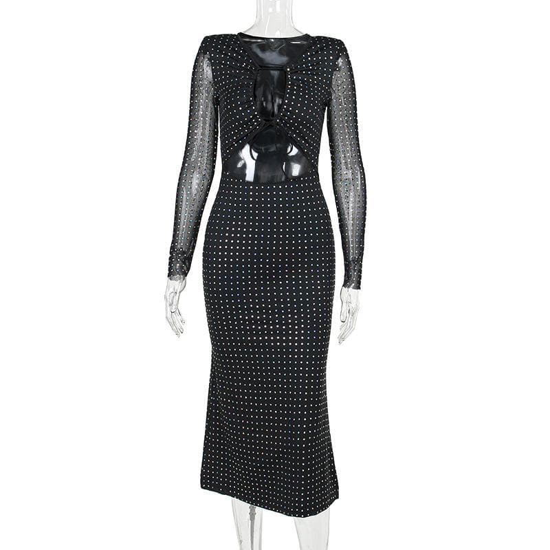 Polka dot contrast hollow out long sleeve mesh midi dress 9