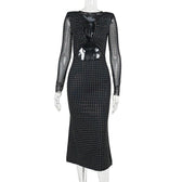 Polka dot contrast hollow out long sleeve mesh midi dress 9