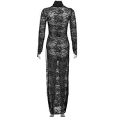 Lace long sleeve turtle neck see through slit gloves maxi dress 4